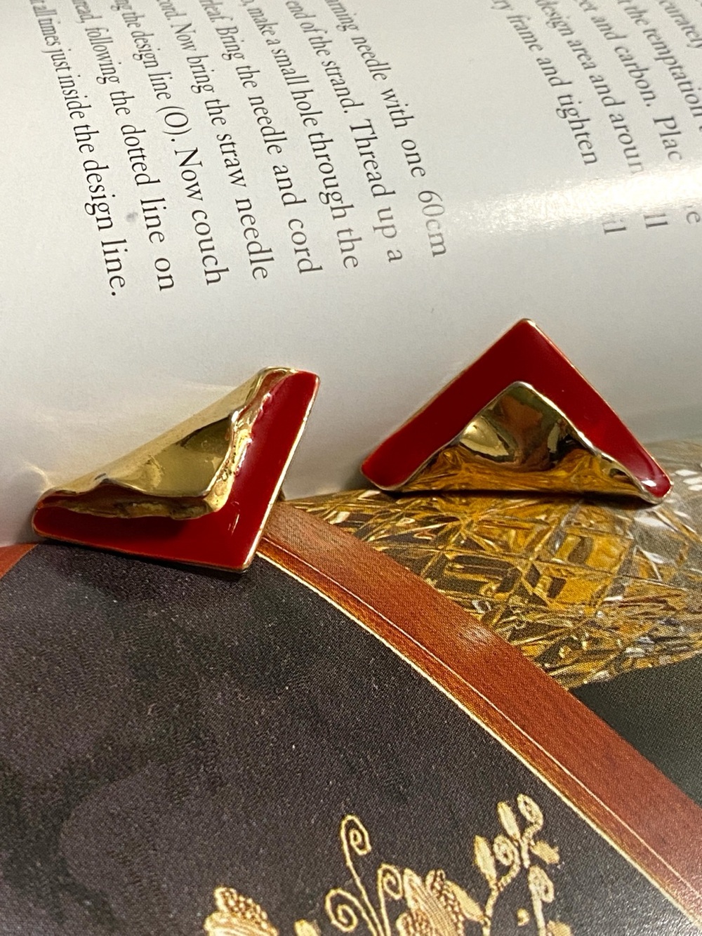 Vintage Bold Red Enamel Gold Geometric Folded Triangle Statement Pierced Earring